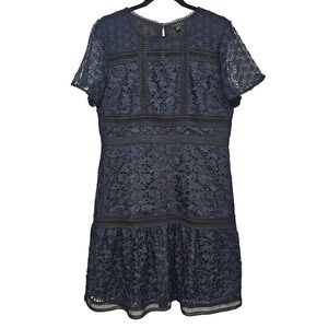 Ann Taylor Navy Blue Tiered Sheath Dress Lace Overylay‎ Cocktail Party Size 12